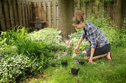 Trained landscapers using PPE during garden clearance work