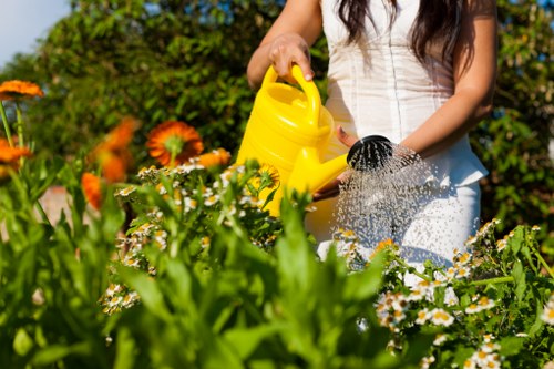 Family-friendly landscape gardening in Mottingham with lawn and seating